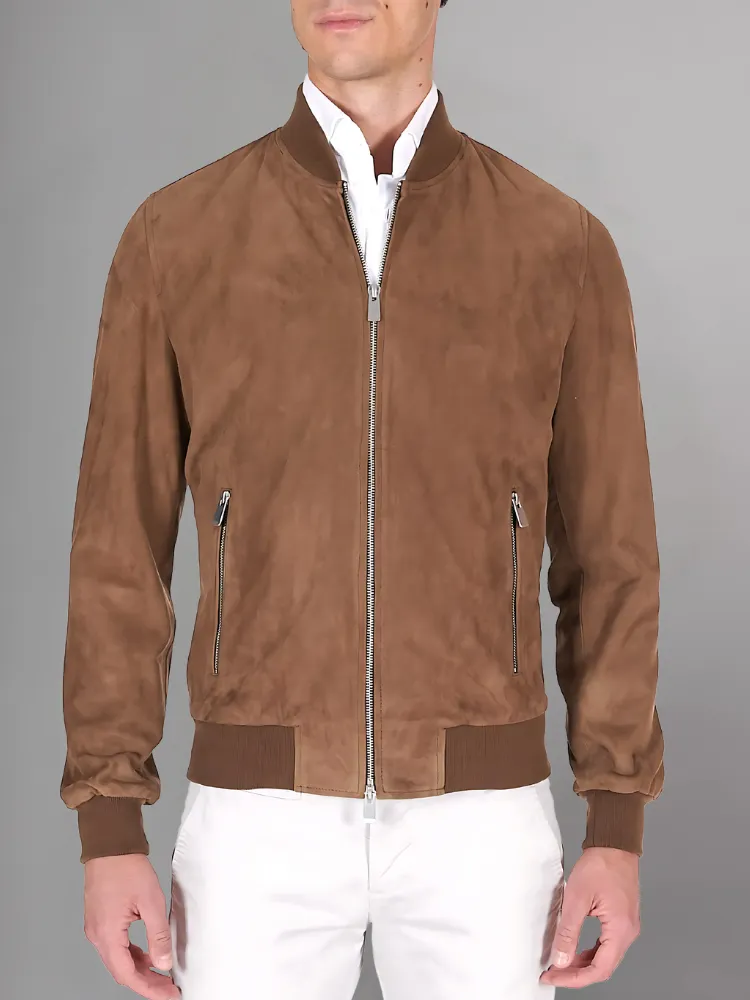 Dark brown suede leather bomber jacket