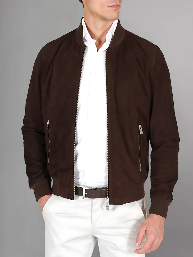 Dark brown suede leather bomber jacket