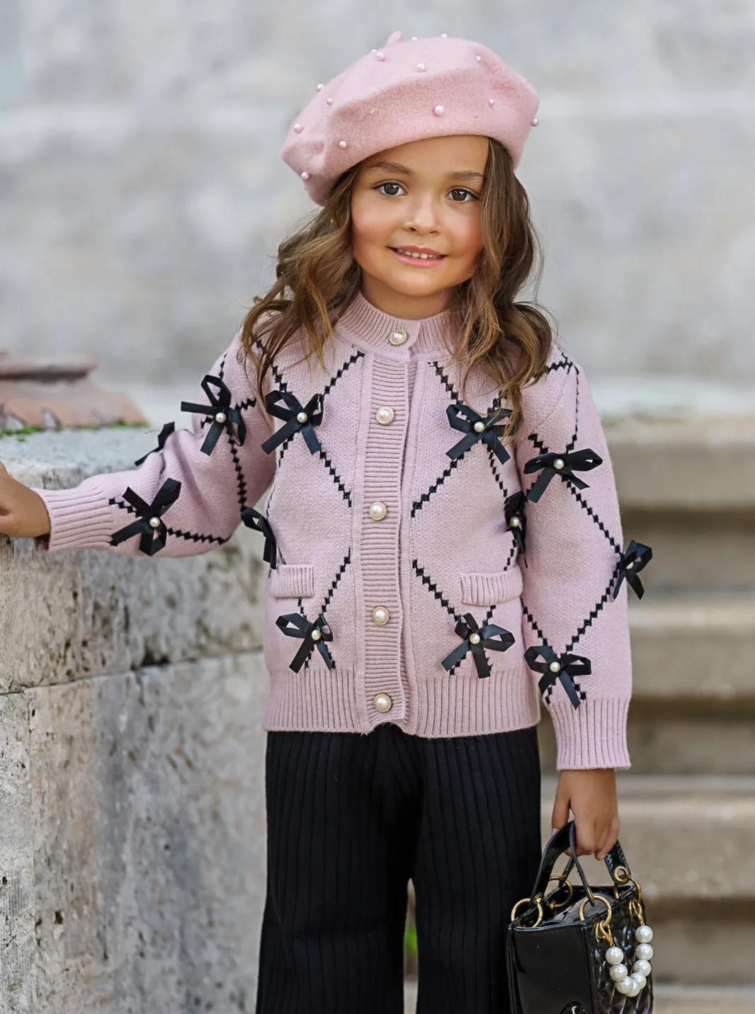 Darling Fashionista Bow-Embellished Pink Sweater and Pants Set