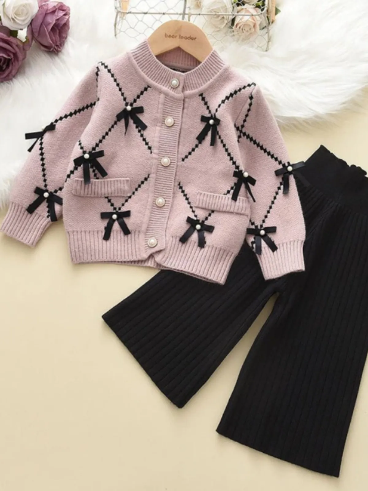 Darling Fashionista Bow-Embellished Pink Sweater and Pants Set