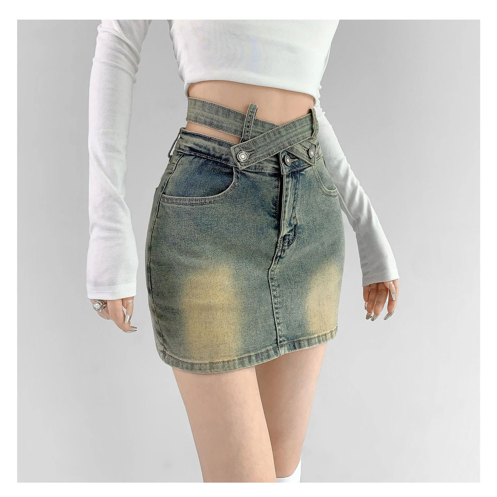 Denim Mini Skirt Women High Waist A-Line Belt Distressed Bodycon Kpop Skirt Summer Vintage Streetwear Fashion