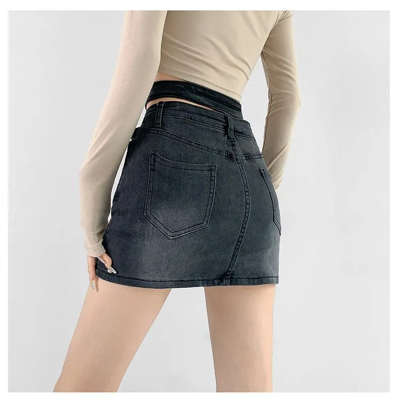 Denim Mini Skirt Women High Waist A-Line Belt Distressed Bodycon Kpop Skirt Summer Vintage Streetwear Fashion