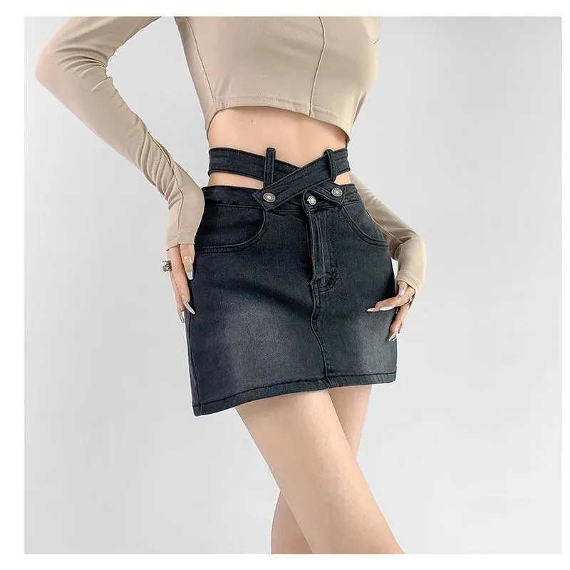 Denim Mini Skirt Women High Waist A-Line Belt Distressed Bodycon Kpop Skirt Summer Vintage Streetwear Fashion