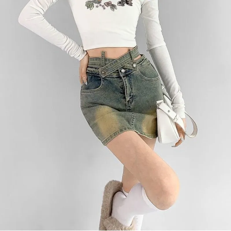 Denim Mini Skirt Women High Waist A-Line Belt Distressed Bodycon Kpop Skirt Summer Vintage Streetwear Fashion