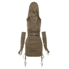 Drawstring Hooded Mini Dress with Arm Sleeves Buckle Belted Bodycon Dresses Japanese Y2k Streetwear P94-EG42