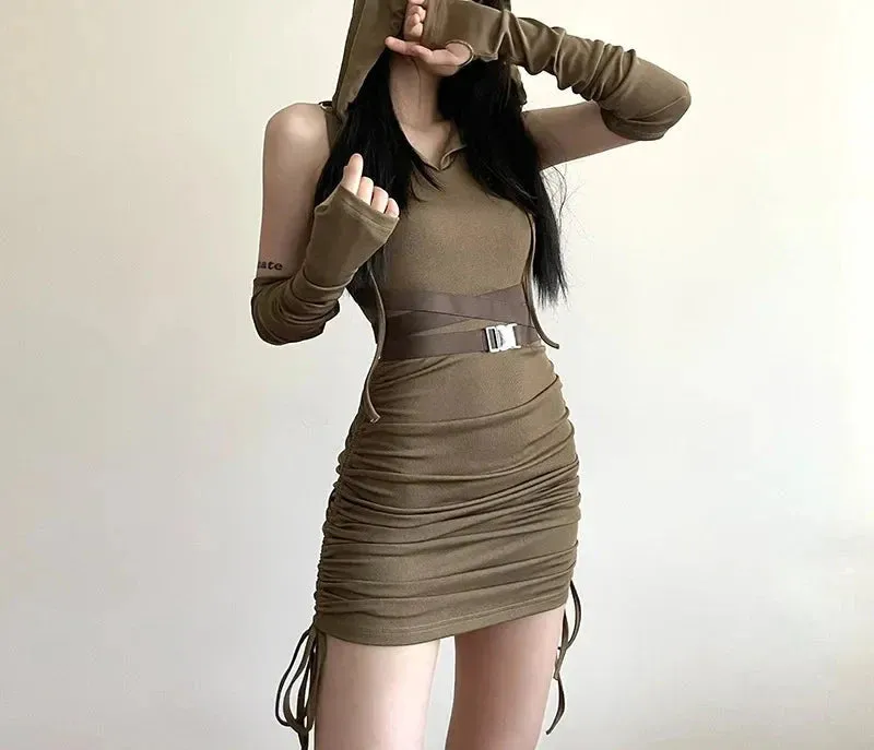 Drawstring Hooded Mini Dress with Arm Sleeves Buckle Belted Bodycon Dresses Japanese Y2k Streetwear P94-EG42