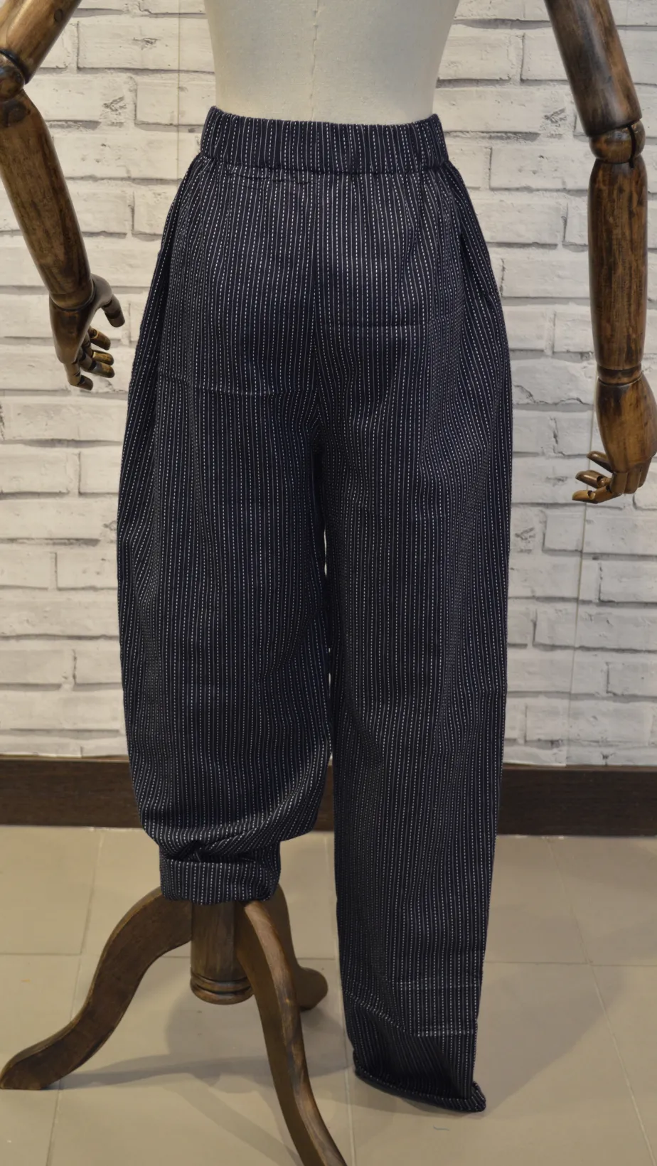 Elasticated cotton trousers- navy blue striped