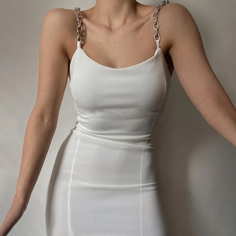 Elegant Chain Strapless Sleeveless Solid Basic Split Knee-Length Bodycon Summer Dress