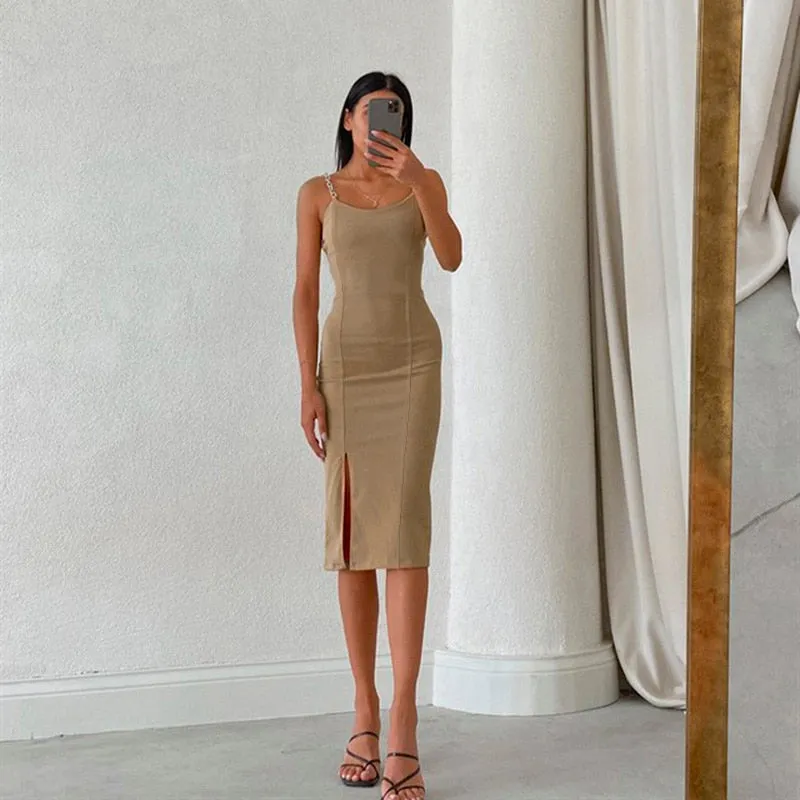 Elegant Chain Strapless Sleeveless Solid Basic Split Knee-Length Bodycon Summer Dress