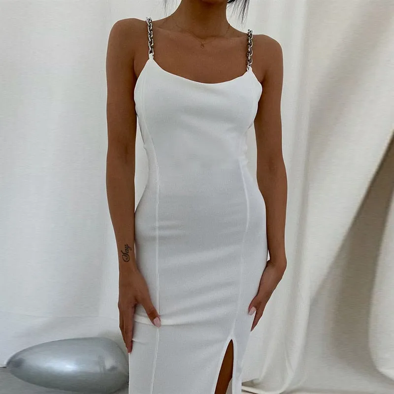 Elegant Chain Strapless Sleeveless Solid Basic Split Knee-Length Bodycon Summer Dress