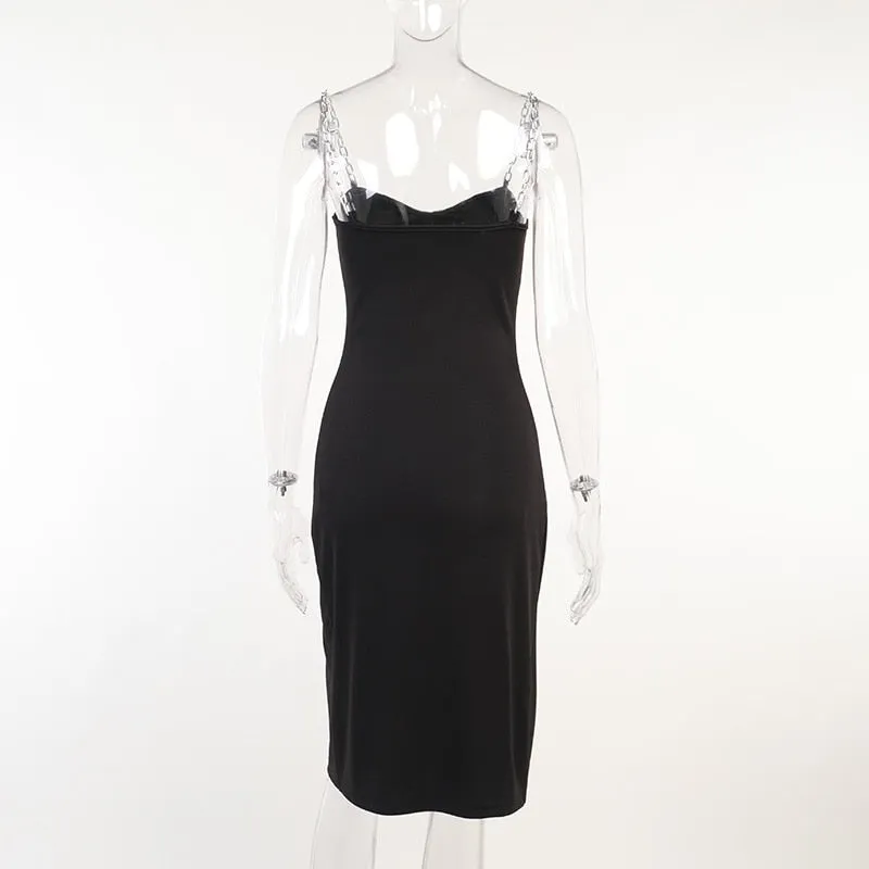 Elegant Chain Strapless Sleeveless Solid Basic Split Knee-Length Bodycon Summer Young Style Dress