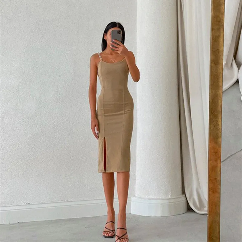 Elegant Chain Strapless Sleeveless Solid Basic Split Knee-Length Bodycon Summer Young Style Dress