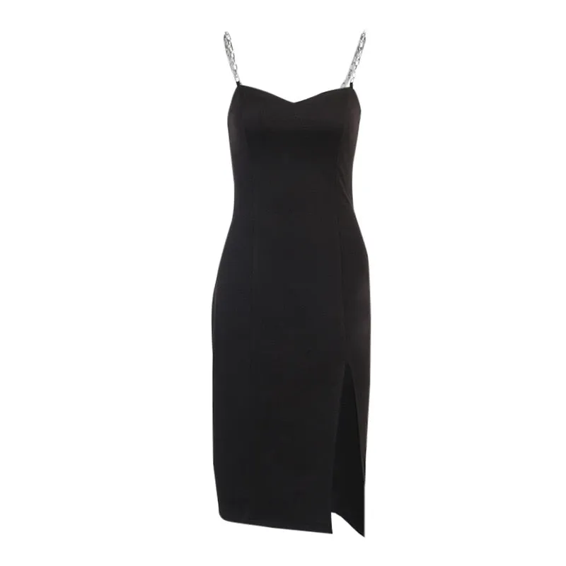 Elegant Chain Strapless Sleeveless Solid Basic Split Knee-Length Bodycon Summer Young Style Dress