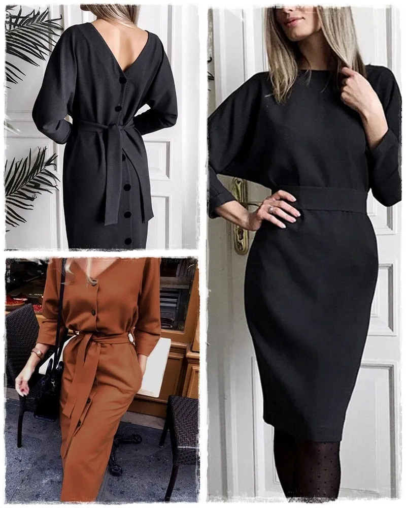 Elegant Long Party Bodycon Single Breasted Belt Batwing Sleeve Sexy High Waist Autumn Office Dress