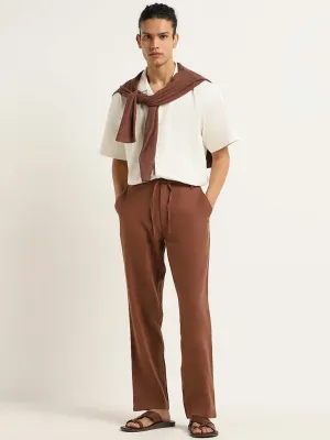 ETA Solid Brown Slim Fit Blended Linen Blended Linen Chinos