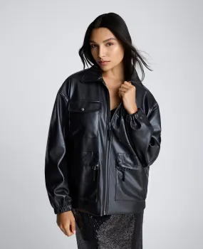 Faux Leather Shirt Collar Bomber Jacket