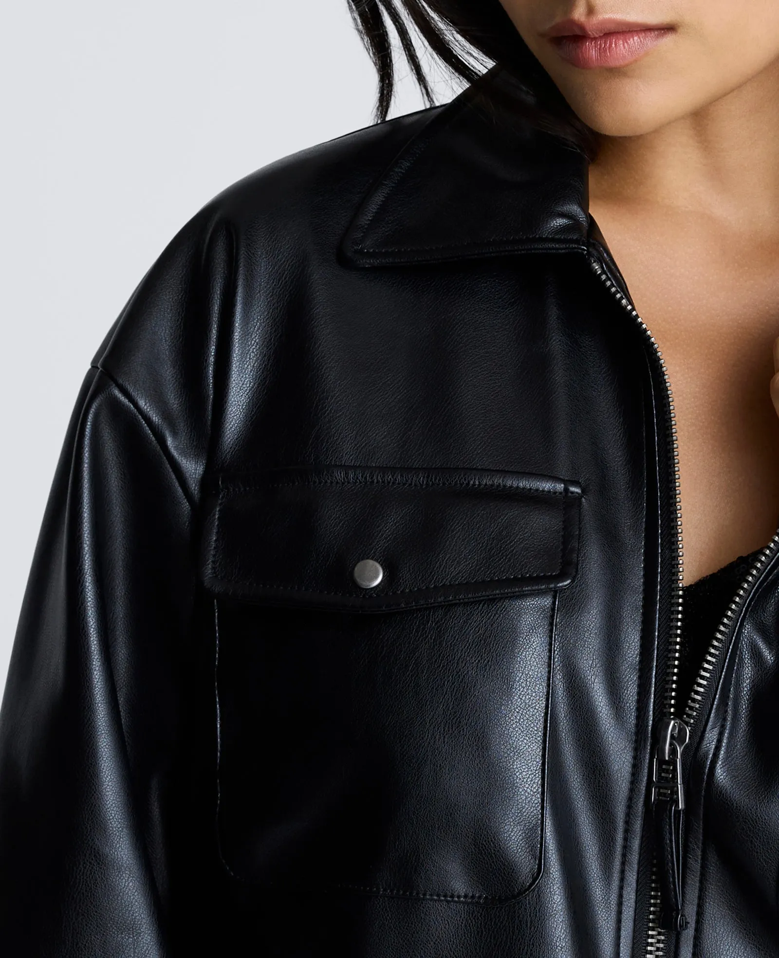 Faux Leather Shirt Collar Bomber Jacket