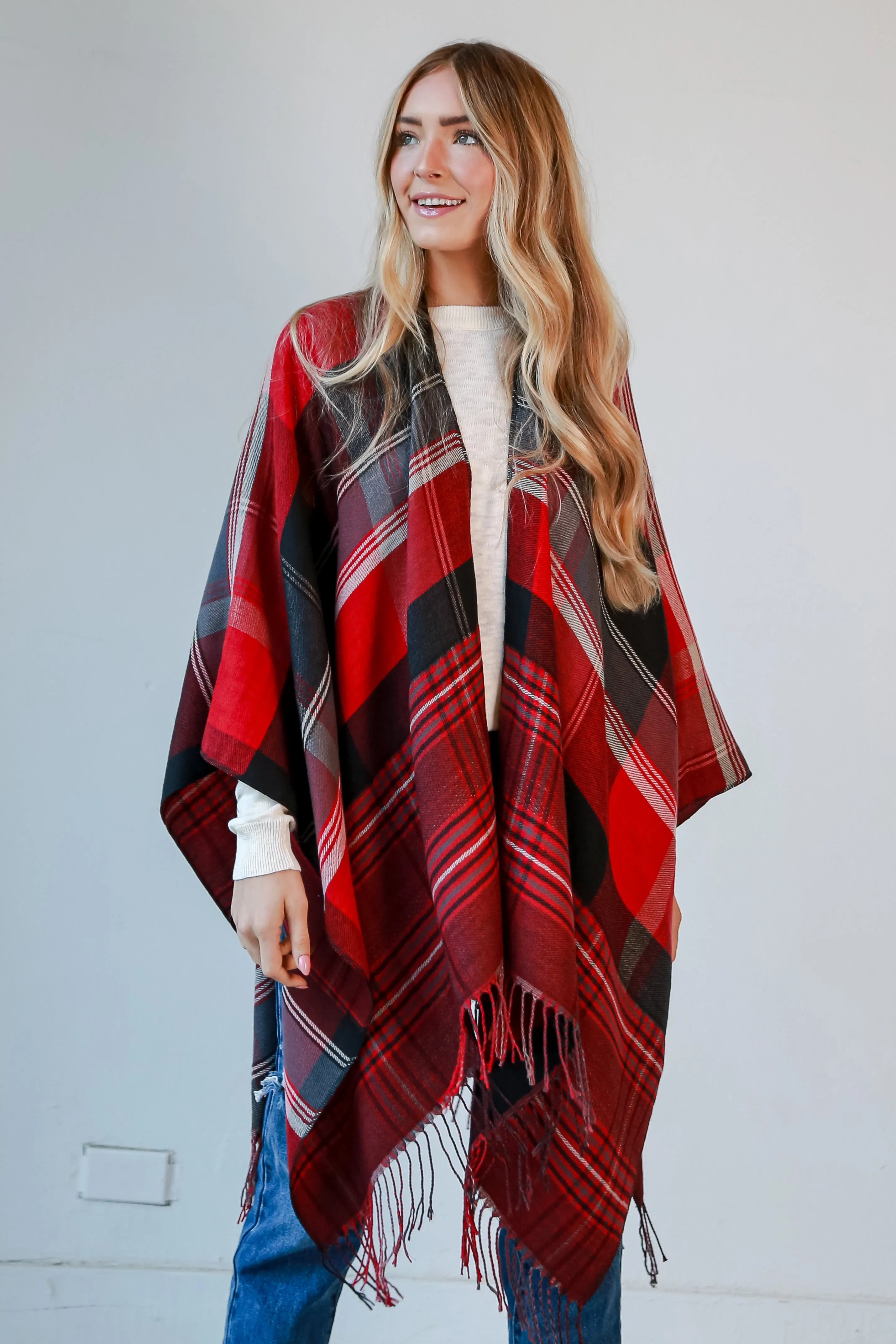 FINAL SALE - Perfect Warmth Red Plaid Fringe Shawl - DOORBUSTER