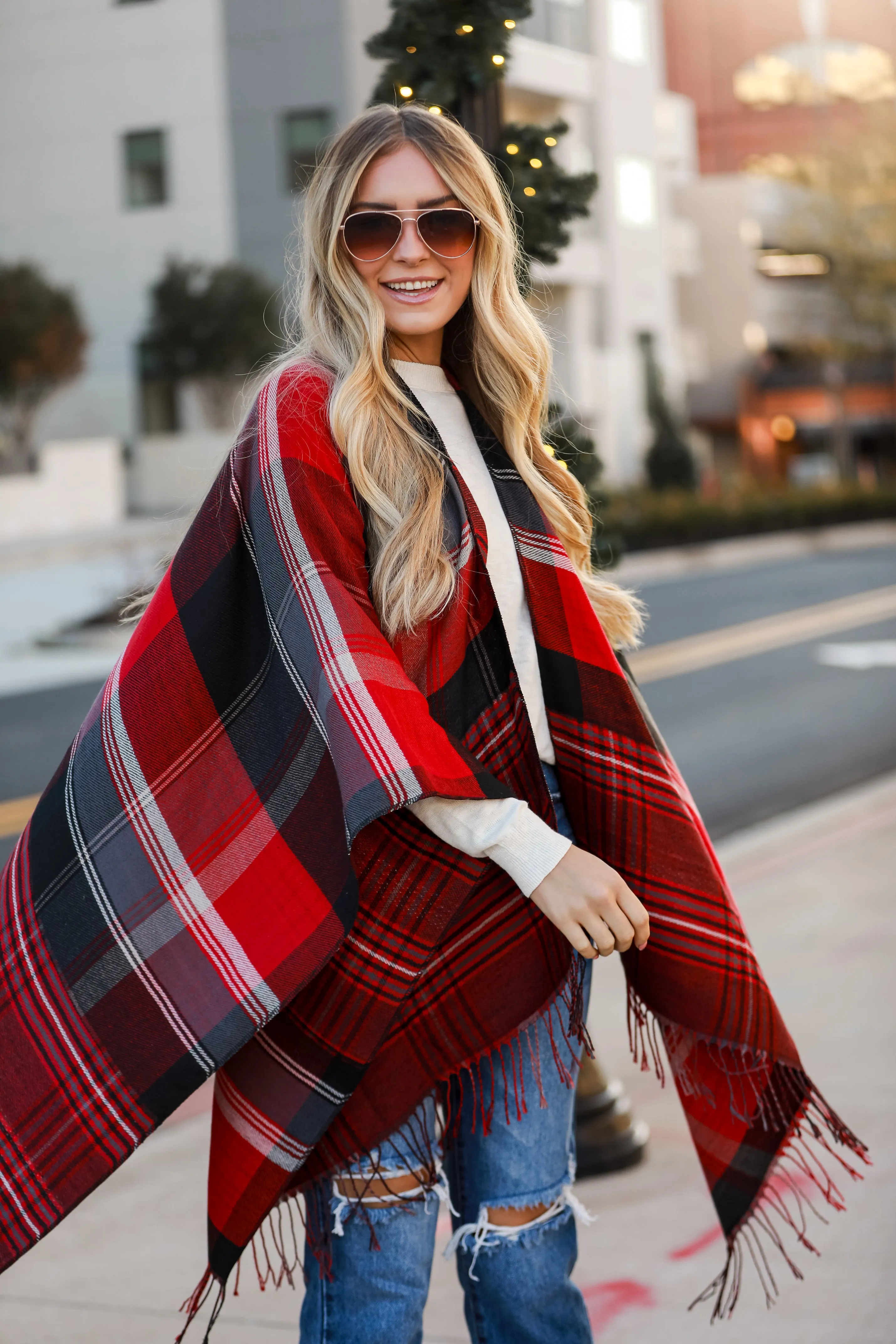 FINAL SALE - Perfect Warmth Red Plaid Fringe Shawl - DOORBUSTER