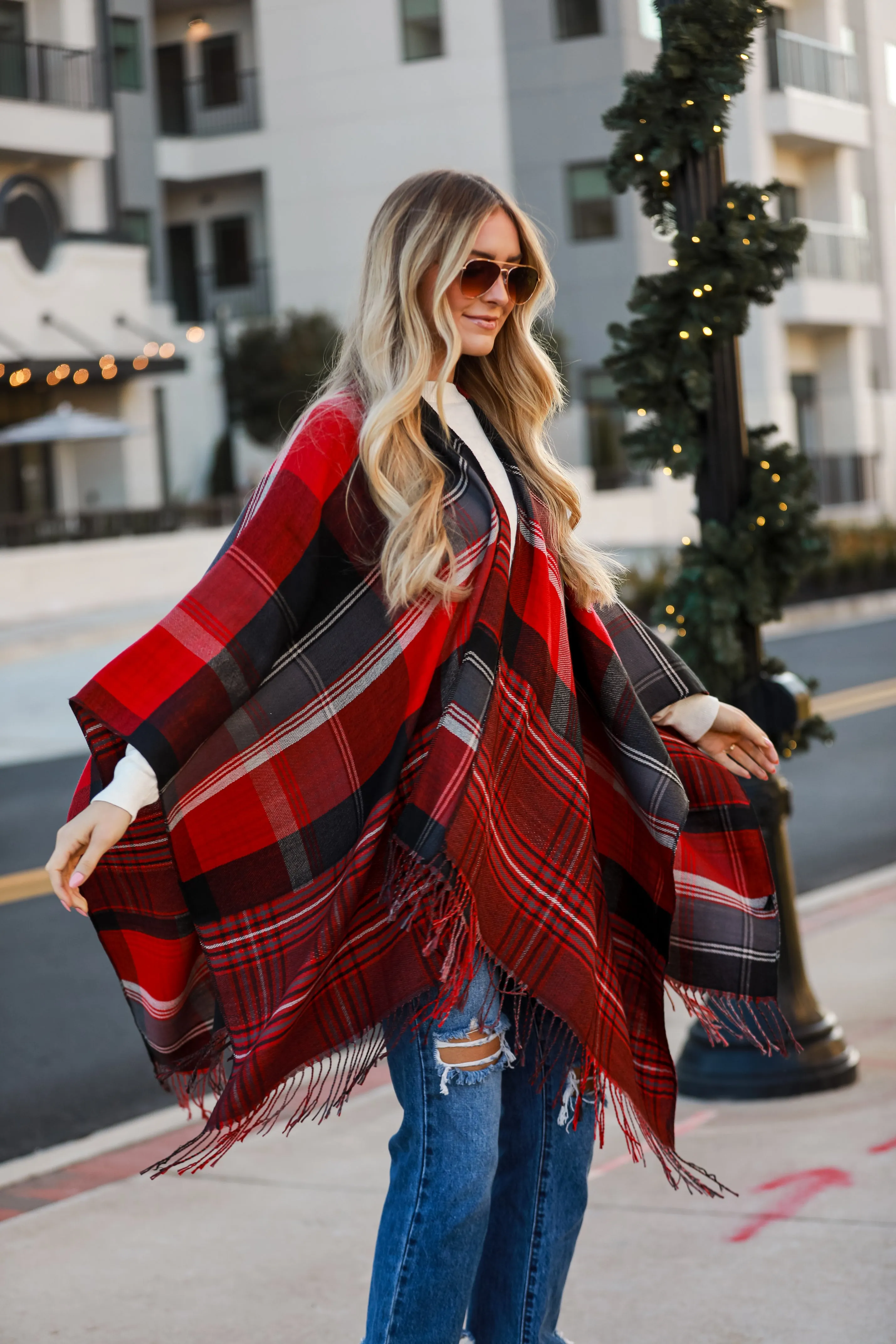 FINAL SALE - Perfect Warmth Red Plaid Fringe Shawl - DOORBUSTER