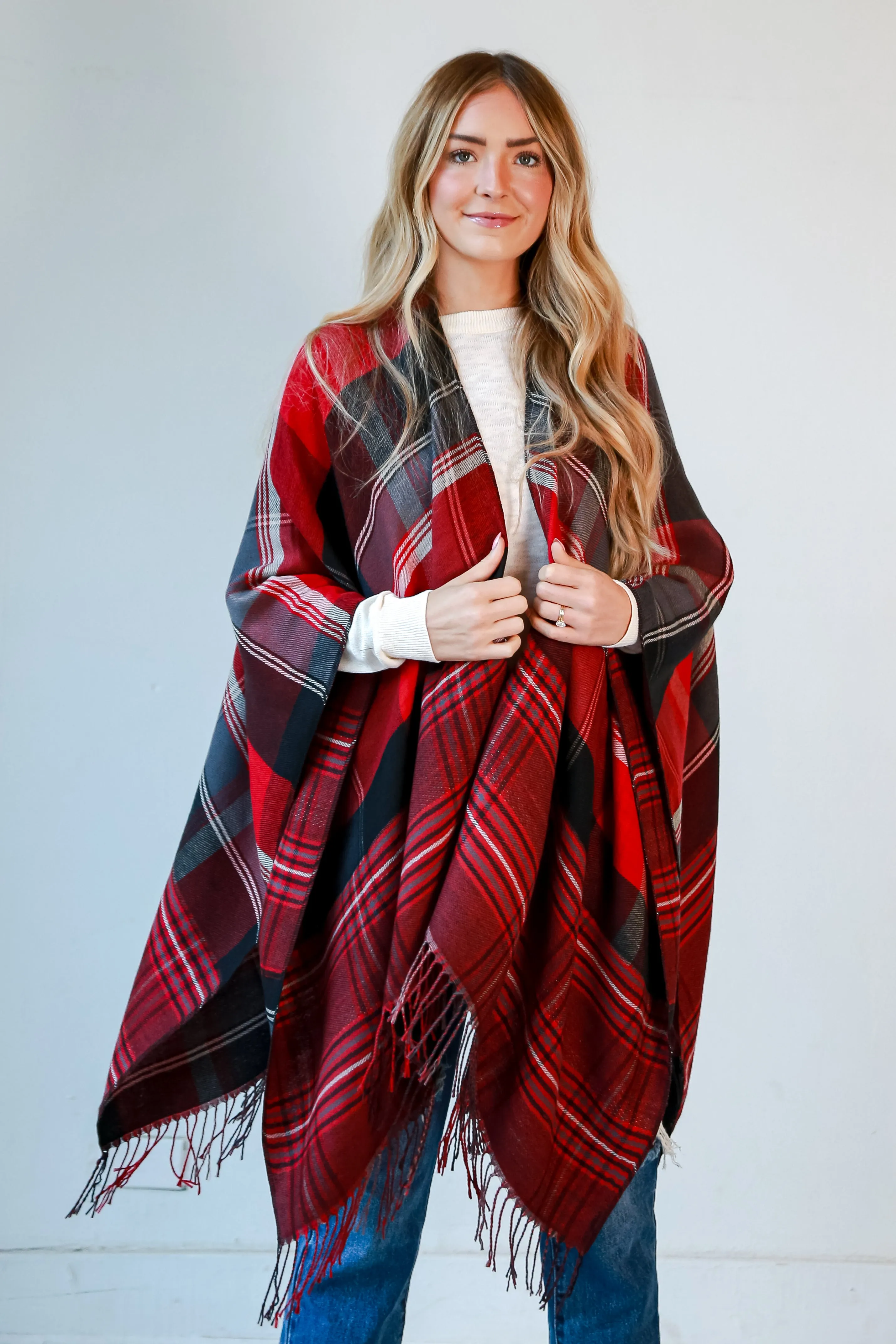 FINAL SALE - Perfect Warmth Red Plaid Fringe Shawl - DOORBUSTER