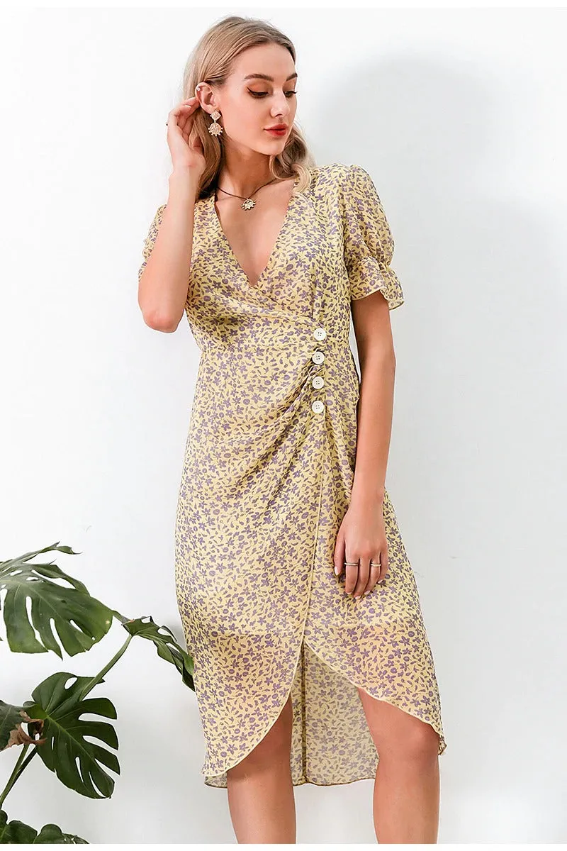 Floral Print Short Sleeve Buttons High Waist Summer V-neck Boho Beach Bodycon Dress