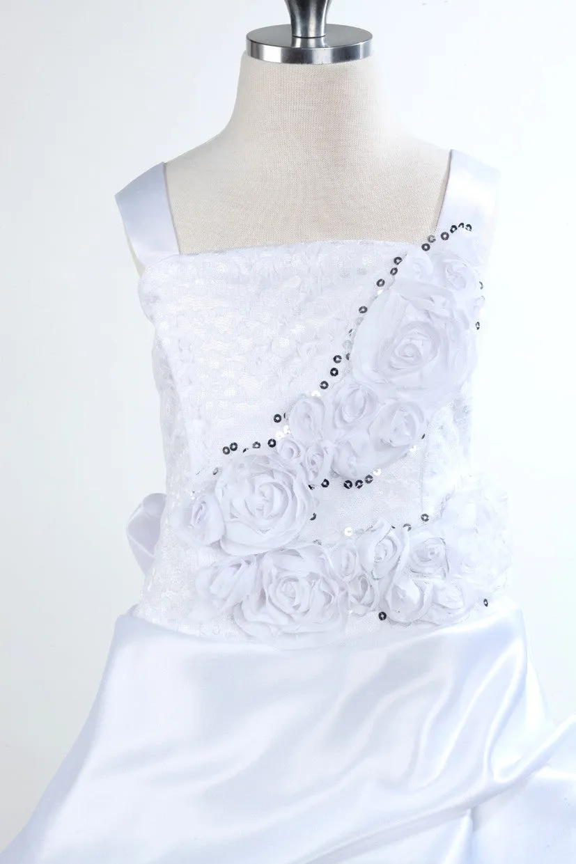 GCM4293 White Satin Patched Rosette Bodice Dress (White Only)