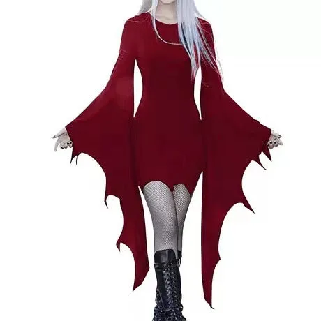 Girlary-shop cybergoth dress to impress Christmas Geophysical Performance Vampire Dress Black Red Solid Color Dress round Neck Lace-up Dress