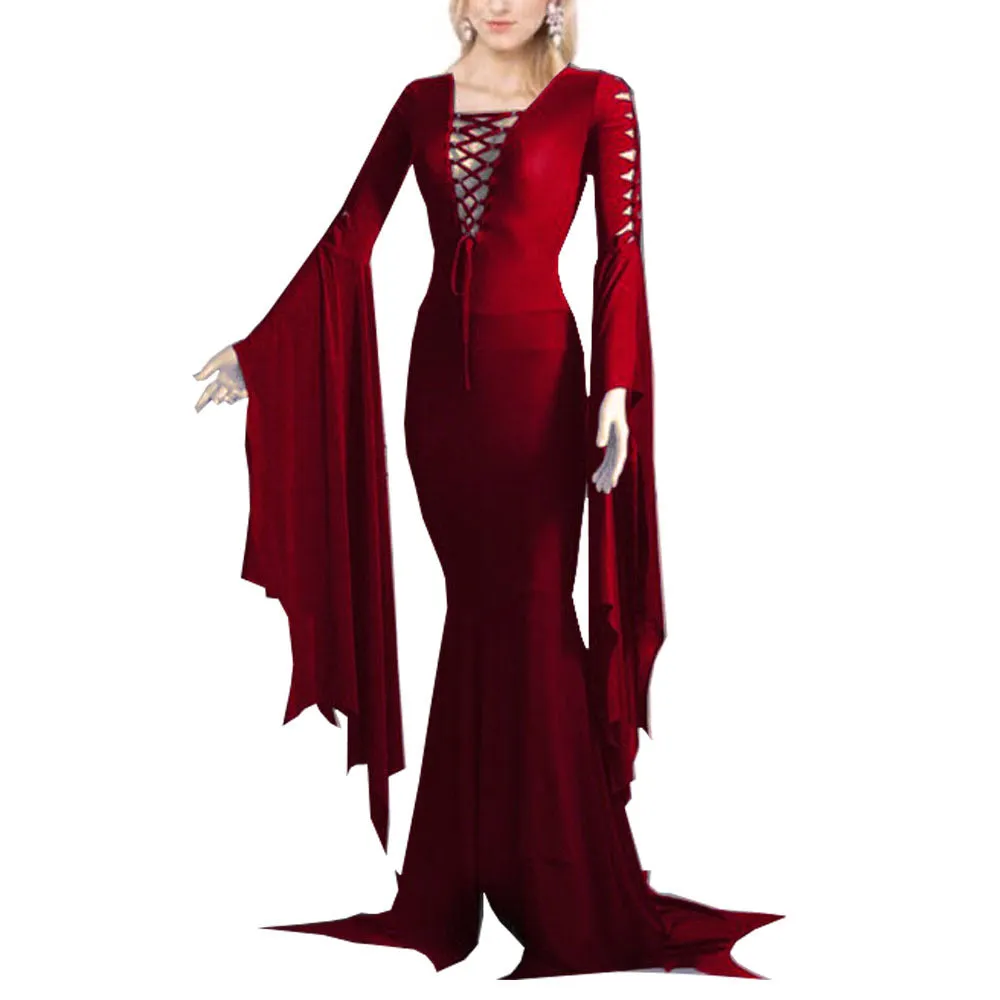 Girlary-shop cybergoth dress to impress Christmas Geophysical Performance Vampire Dress Black Red Solid Color Dress round Neck Lace-up Dress