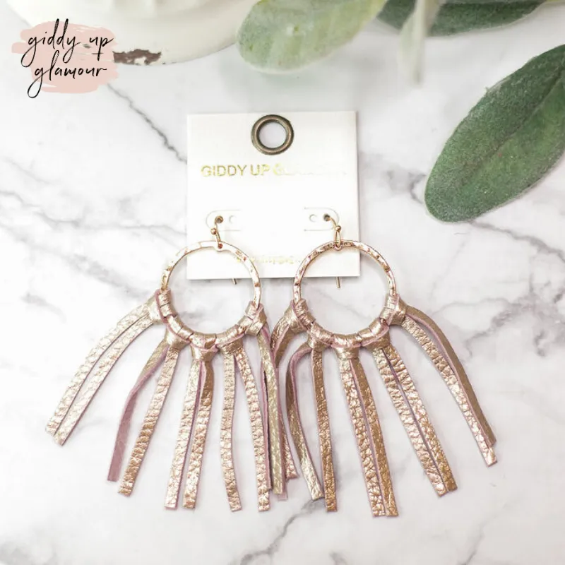 Gold Hoop Earrings with Leather Tassels in Blush Gold