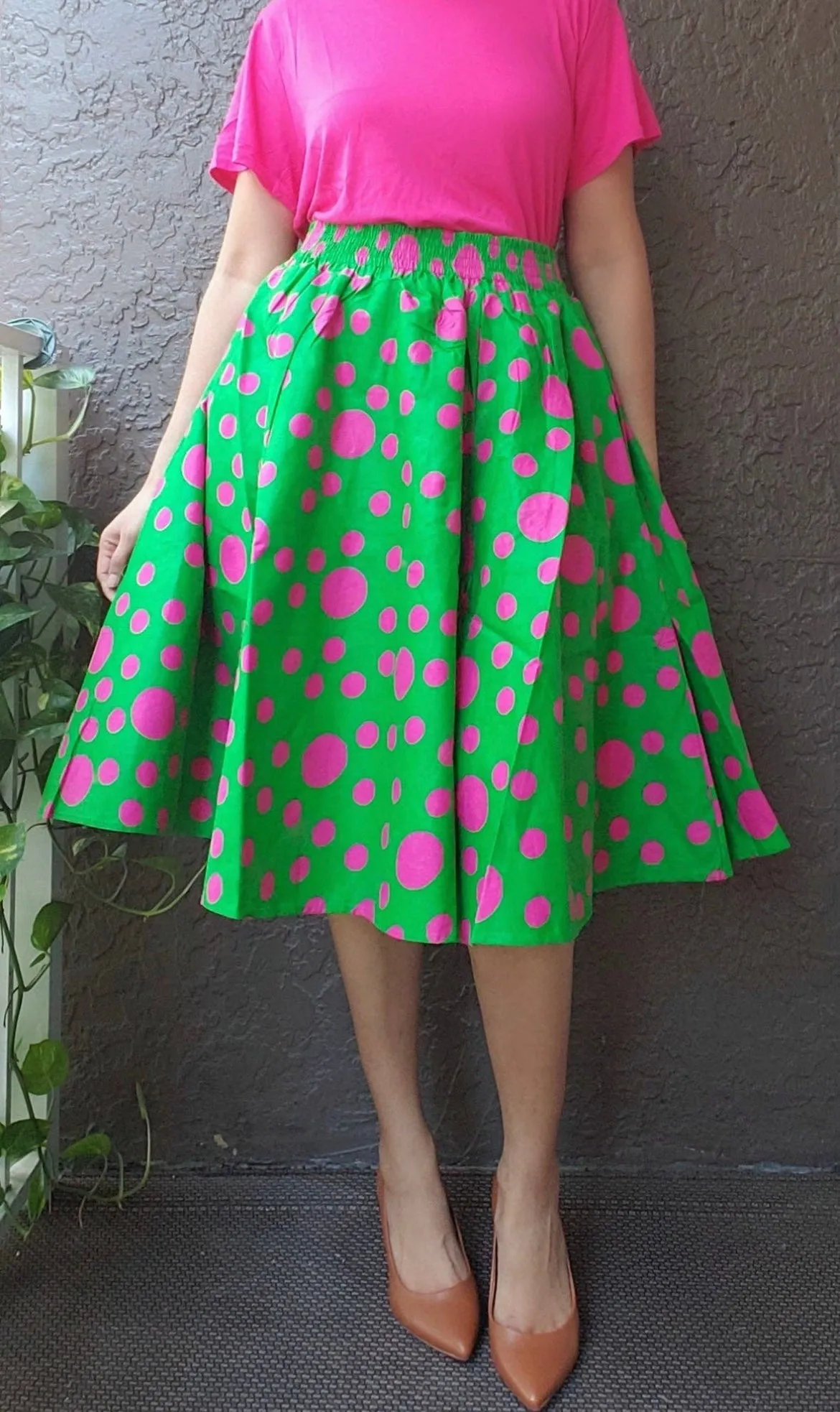 Green/ Pink Polka Dot Mid Length Skirt