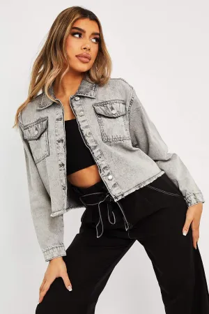 Grey Acid Frayed Hem Cropped Denim Jacket - Caryn