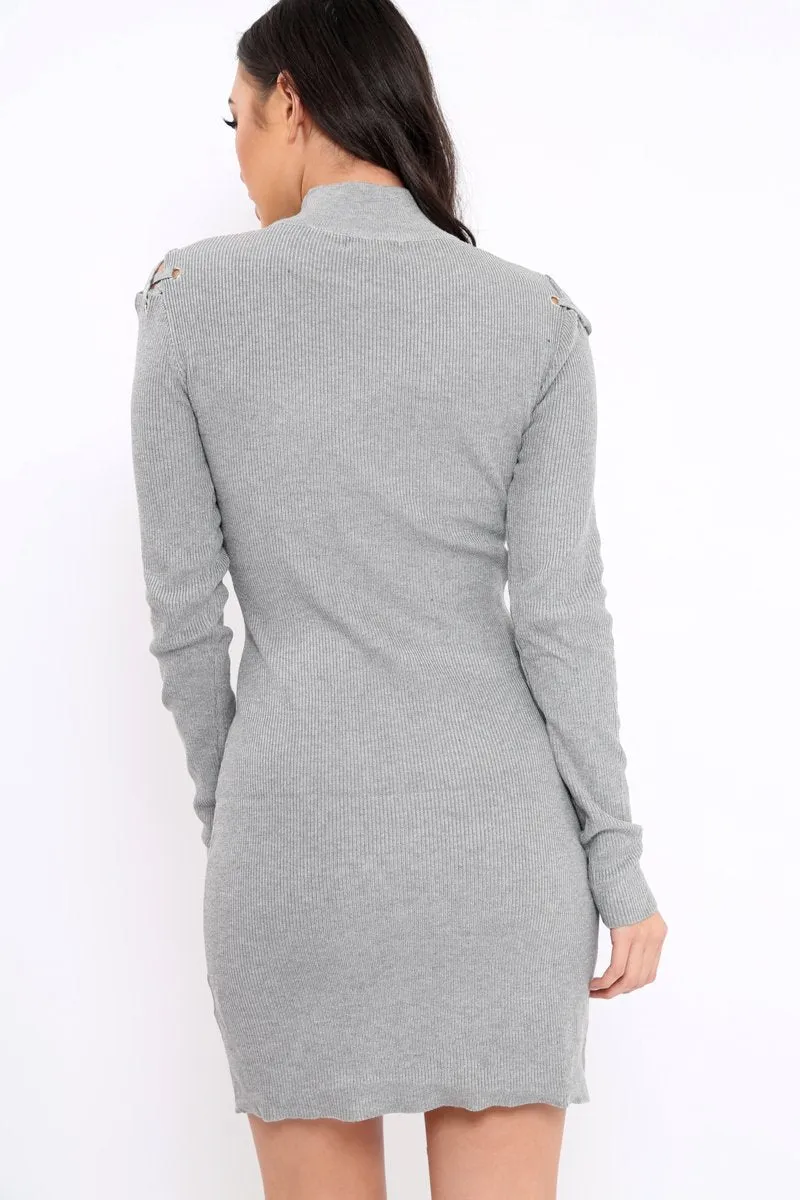 Grey Ribbed Cut Out Lace Jumper Dress - Cierra