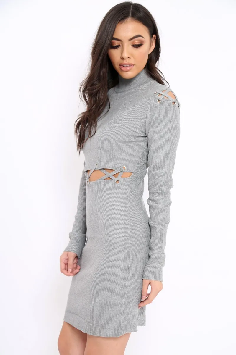 Grey Ribbed Cut Out Lace Jumper Dress - Cierra