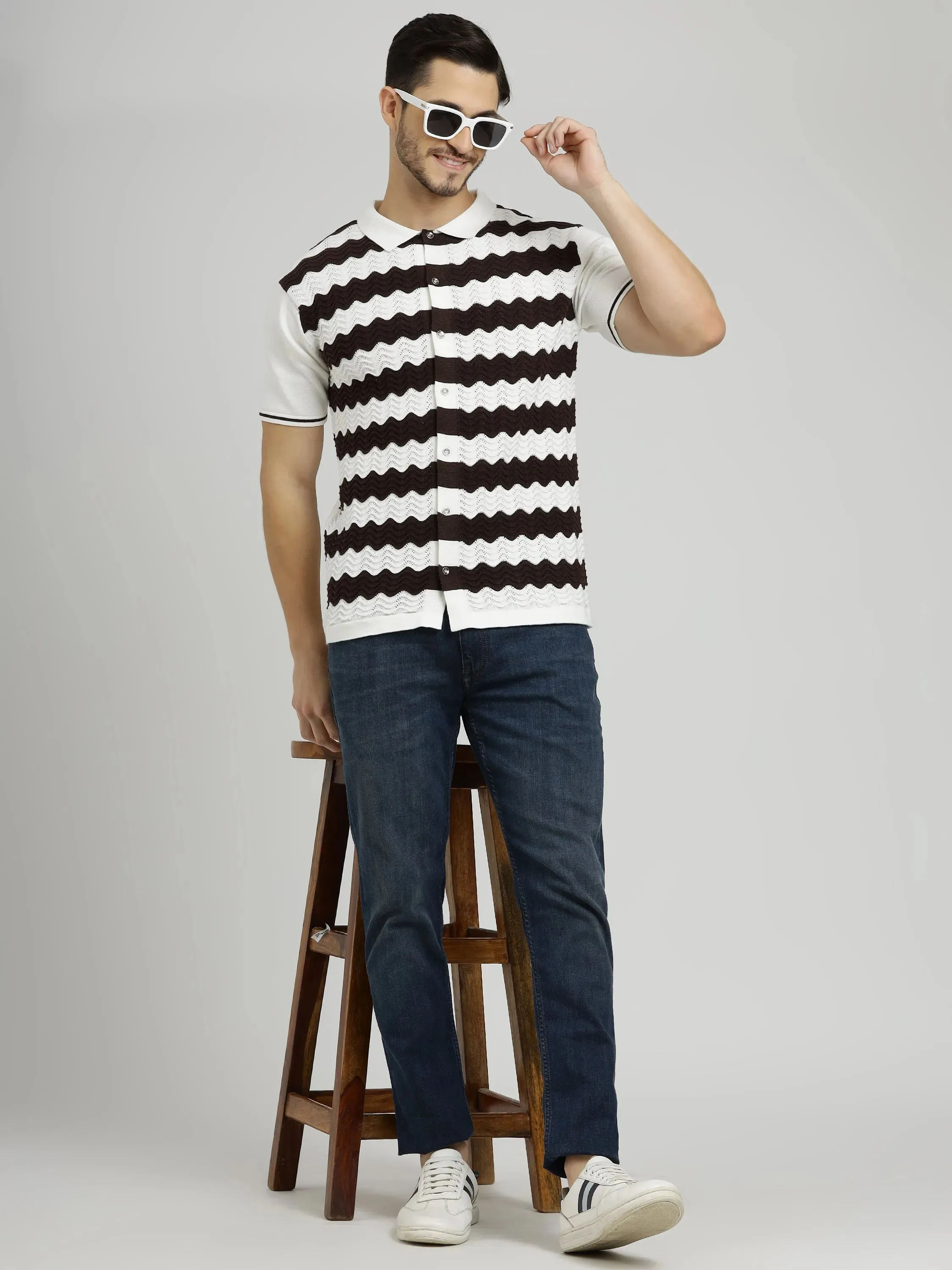 Half Sleeve Men's Knit Shirt - White & Rich Coffee Stripes