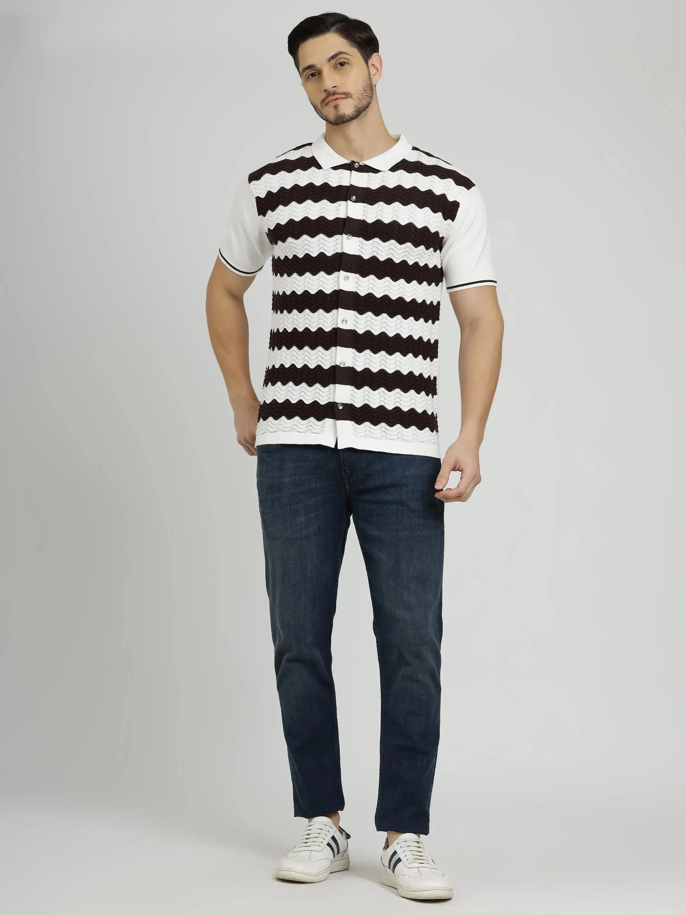 Half Sleeve Men's Knit Shirt - White & Rich Coffee Stripes