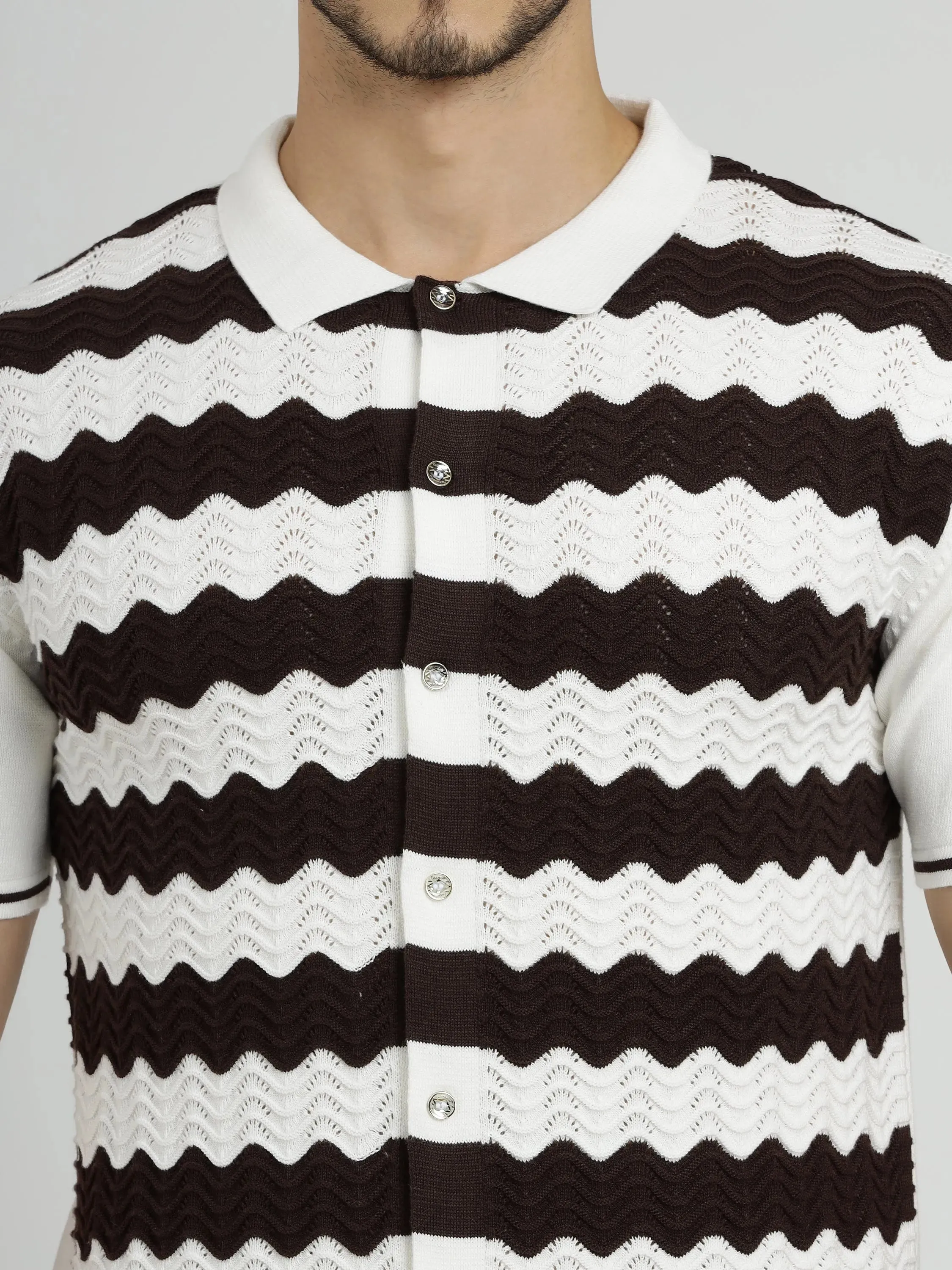 Half Sleeve Men's Knit Shirt - White & Rich Coffee Stripes