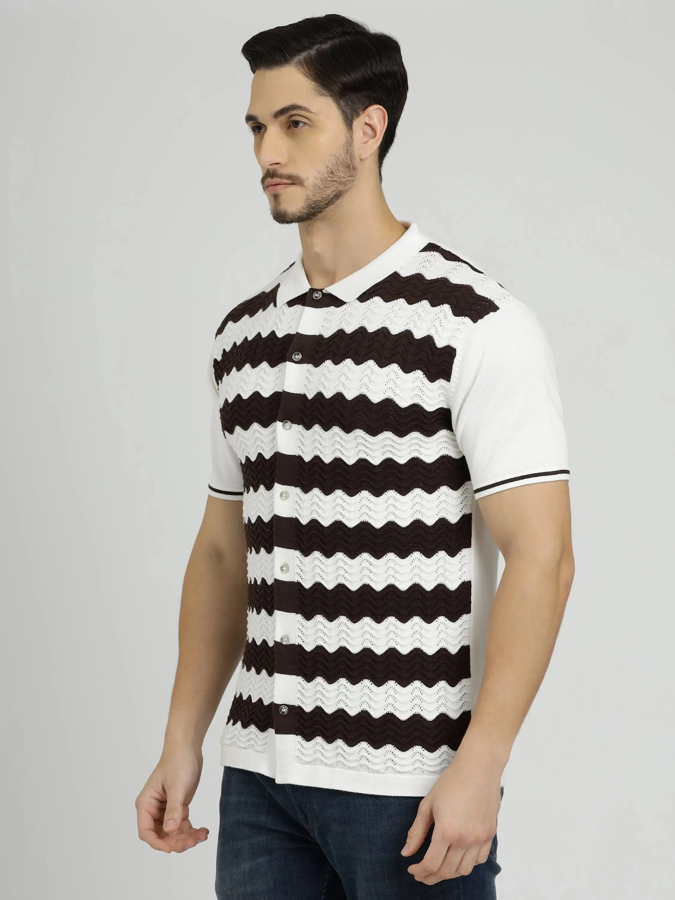 Half Sleeve Men's Knit Shirt - White & Rich Coffee Stripes