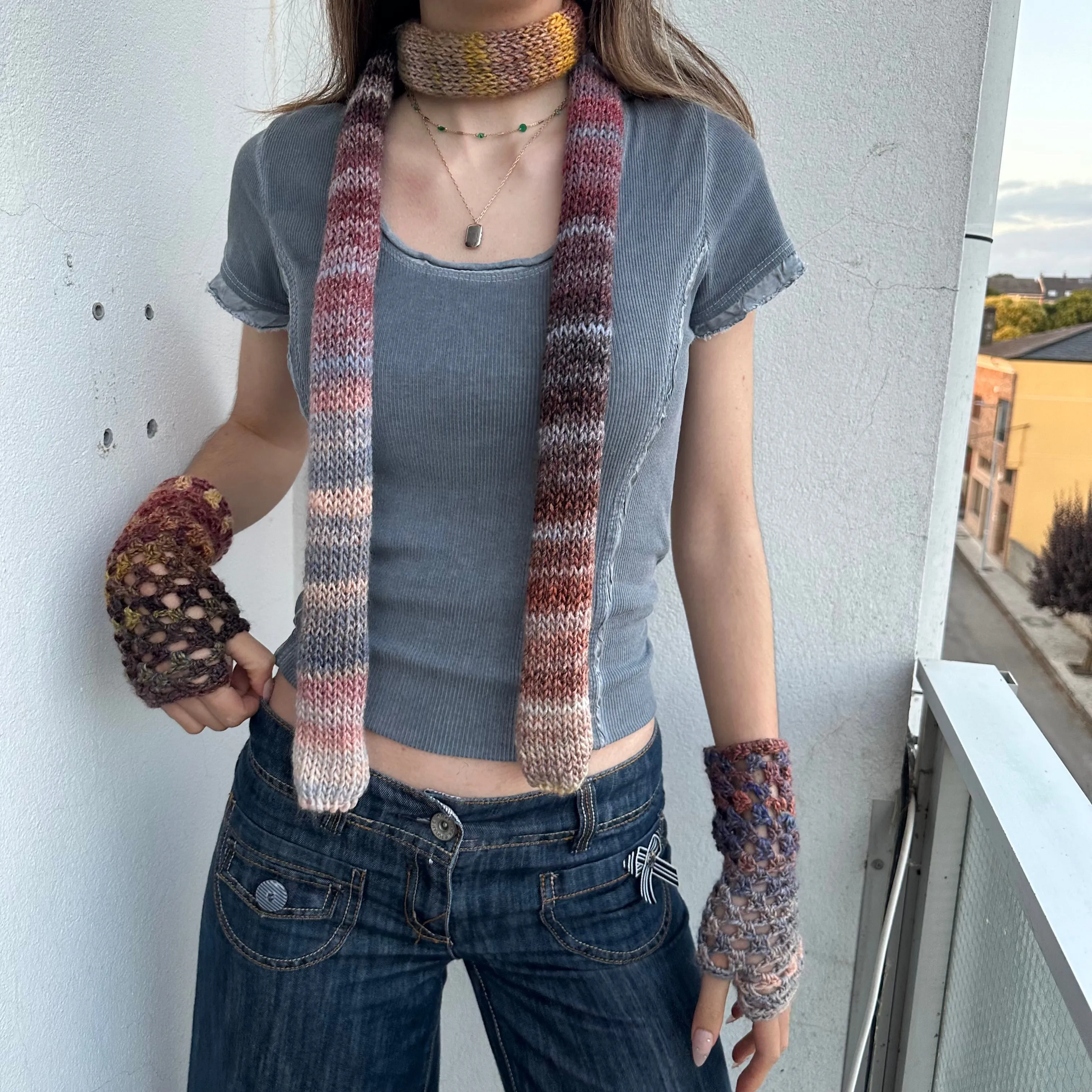 Handmade Aurora knitted ombré skinny scarf