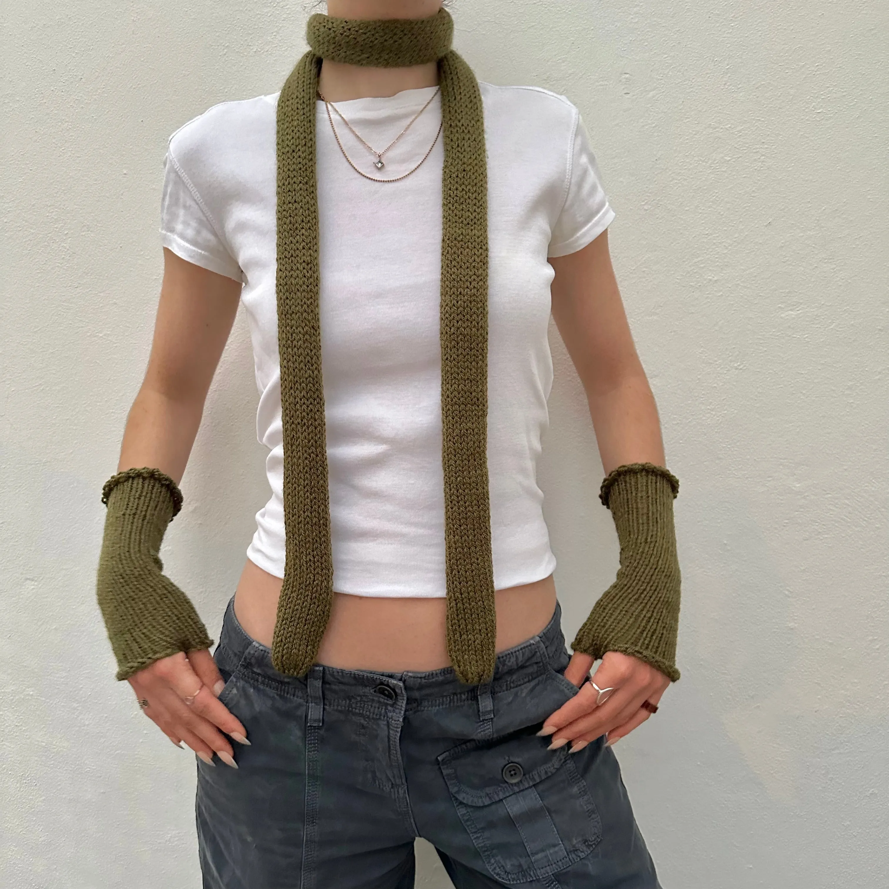 Handmade knitted khaki green hand warmers