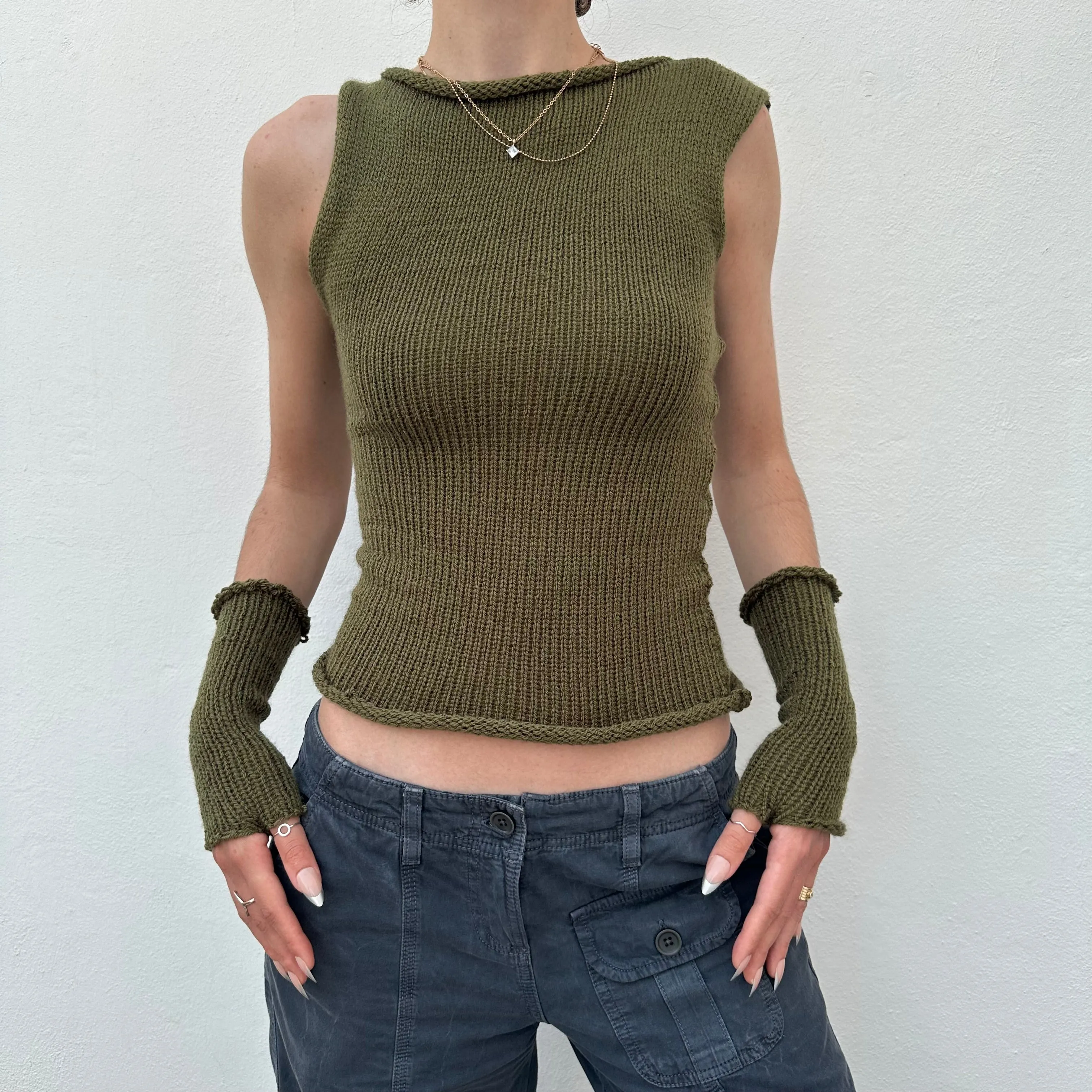 Handmade knitted khaki green hand warmers