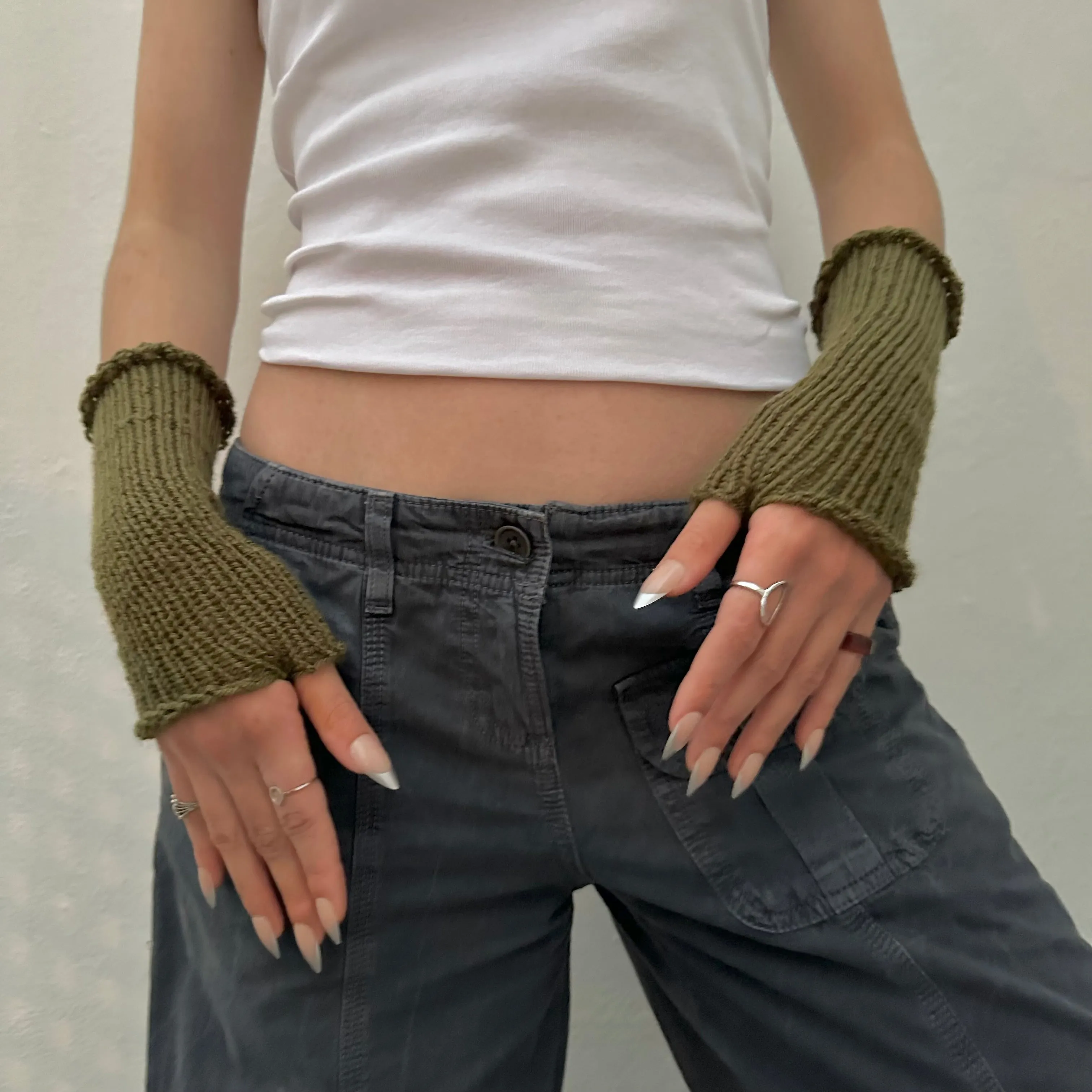 Handmade knitted khaki green hand warmers