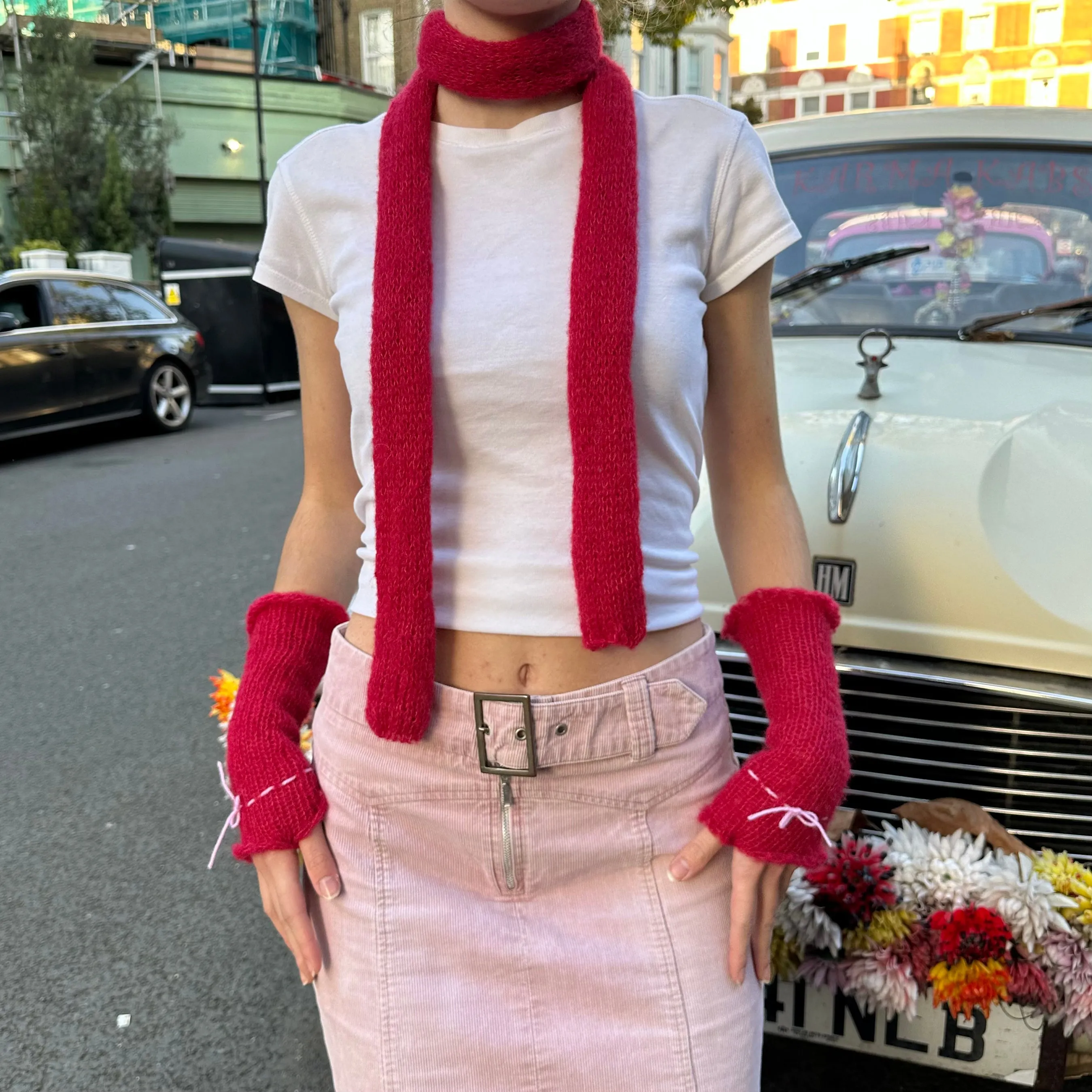 Handmade knitted mohair skinny scarf in red