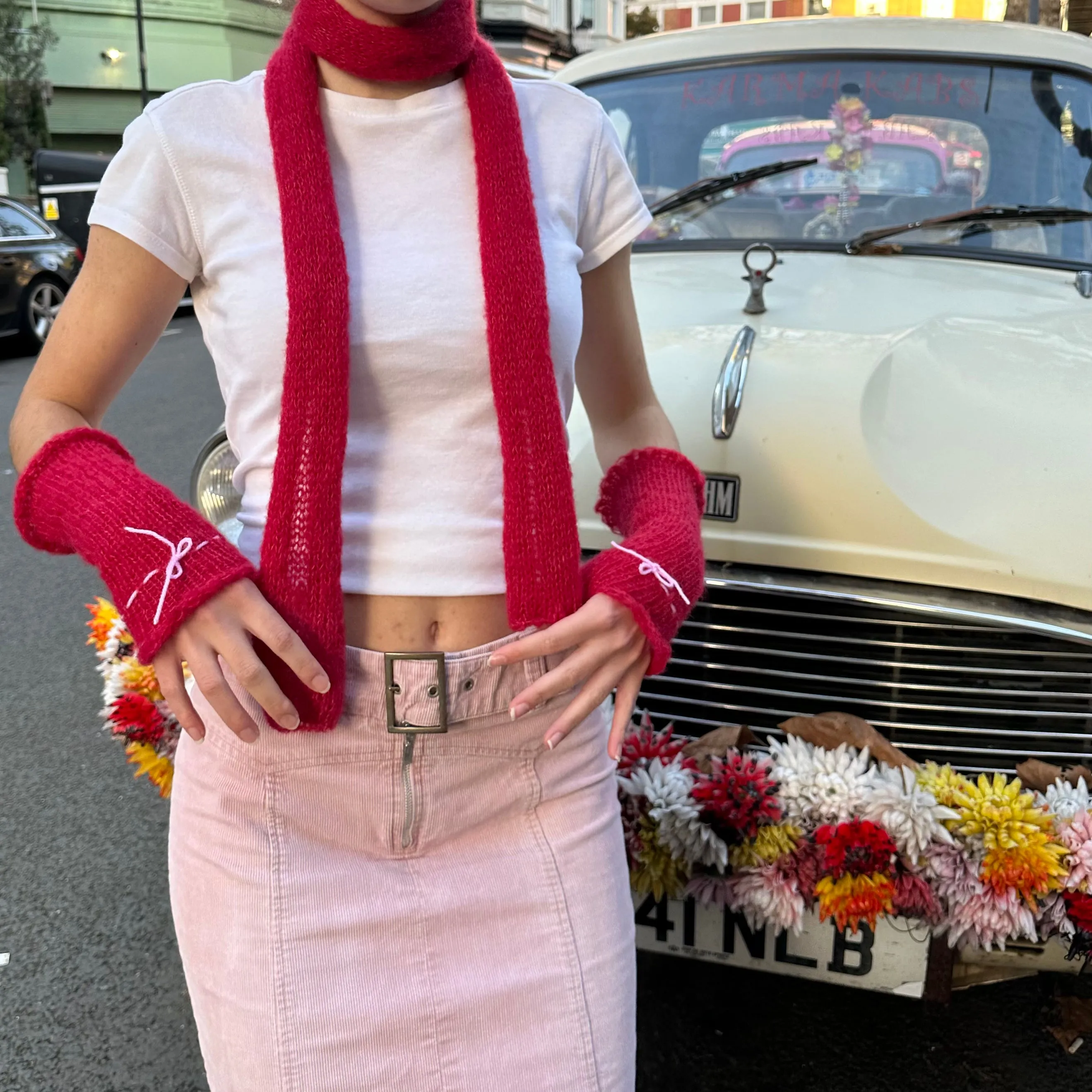 Handmade knitted mohair skinny scarf in red