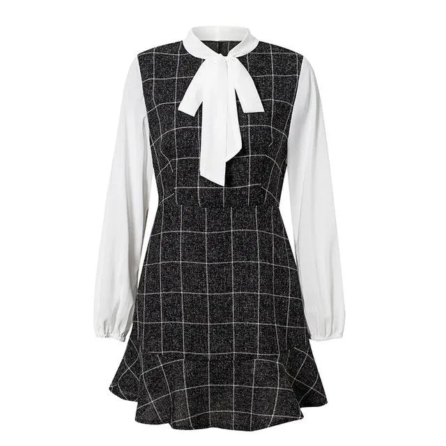 High Waist Lantern Strap Bow Plaid Blazer Bodycon Office Dress