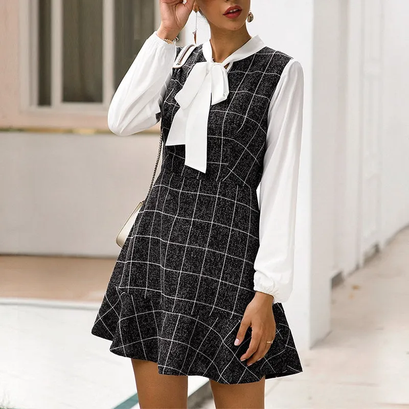 High Waist Lantern Strap Bow Plaid Blazer Bodycon Office Dress