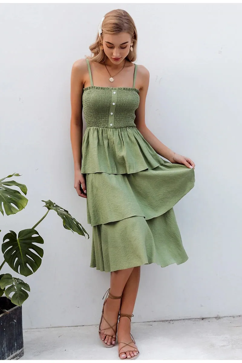 Holiday Sleeveless Summer Ruched High Waist Buttons Ruffled Sundress Casual Solid Beach Dress