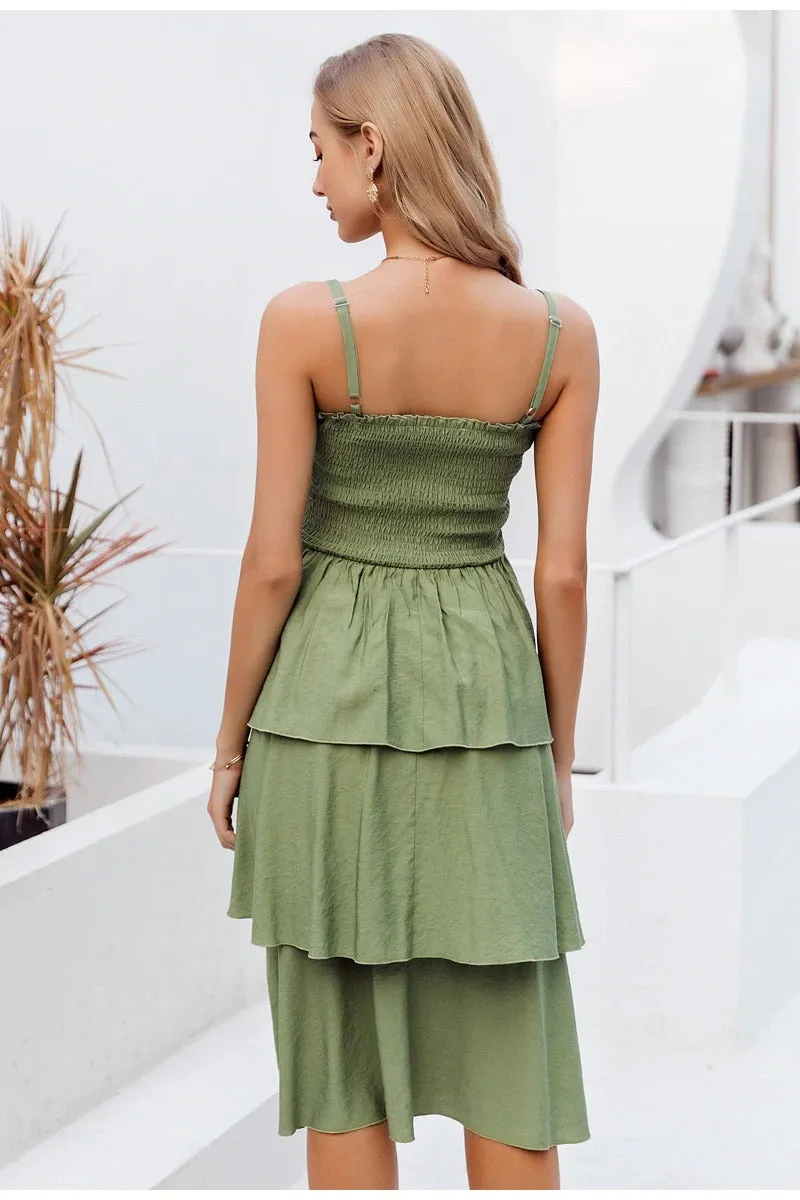 Holiday Sleeveless Summer Ruched High Waist Buttons Ruffled Sundress Casual Solid Beach Dress