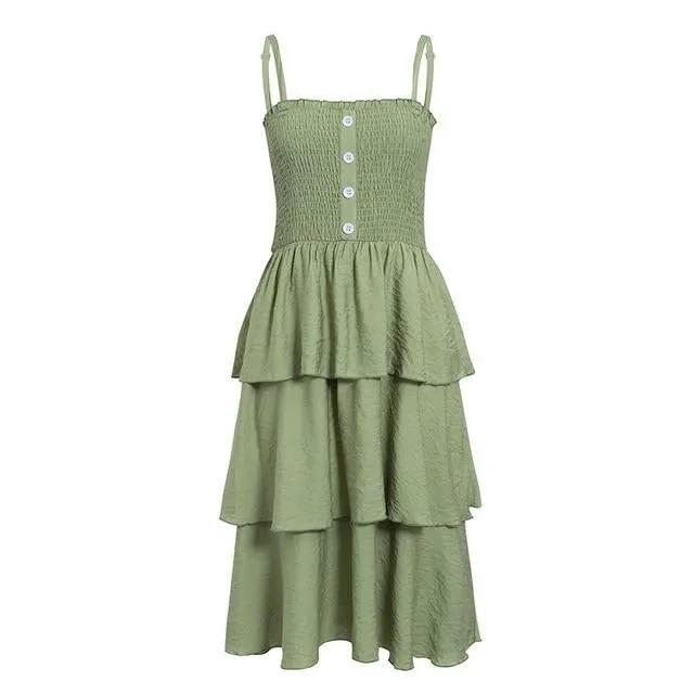 Holiday Sleeveless Summer Ruched High Waist Buttons Ruffled Sundress Casual Solid Beach Dress