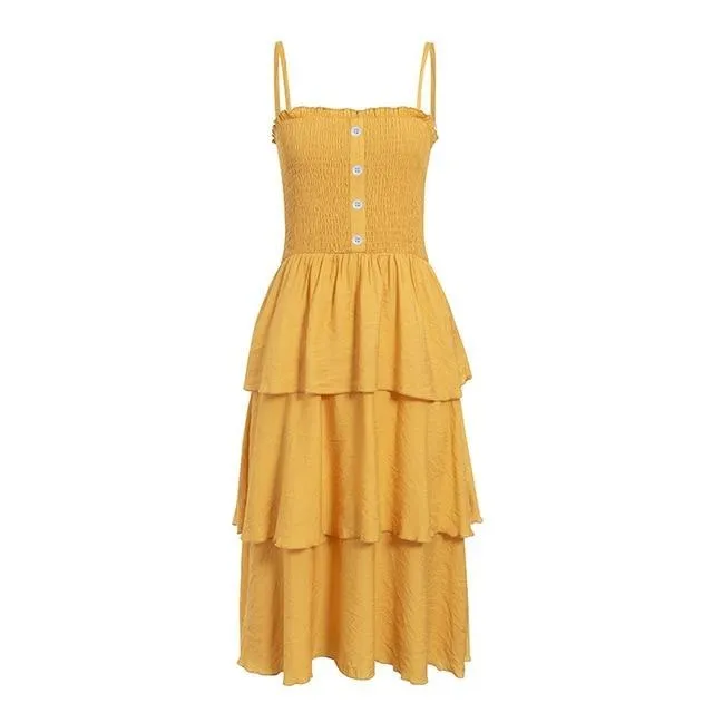 Holiday Sleeveless Summer Ruched High Waist Buttons Ruffled Sundress Casual Solid Beach Dress